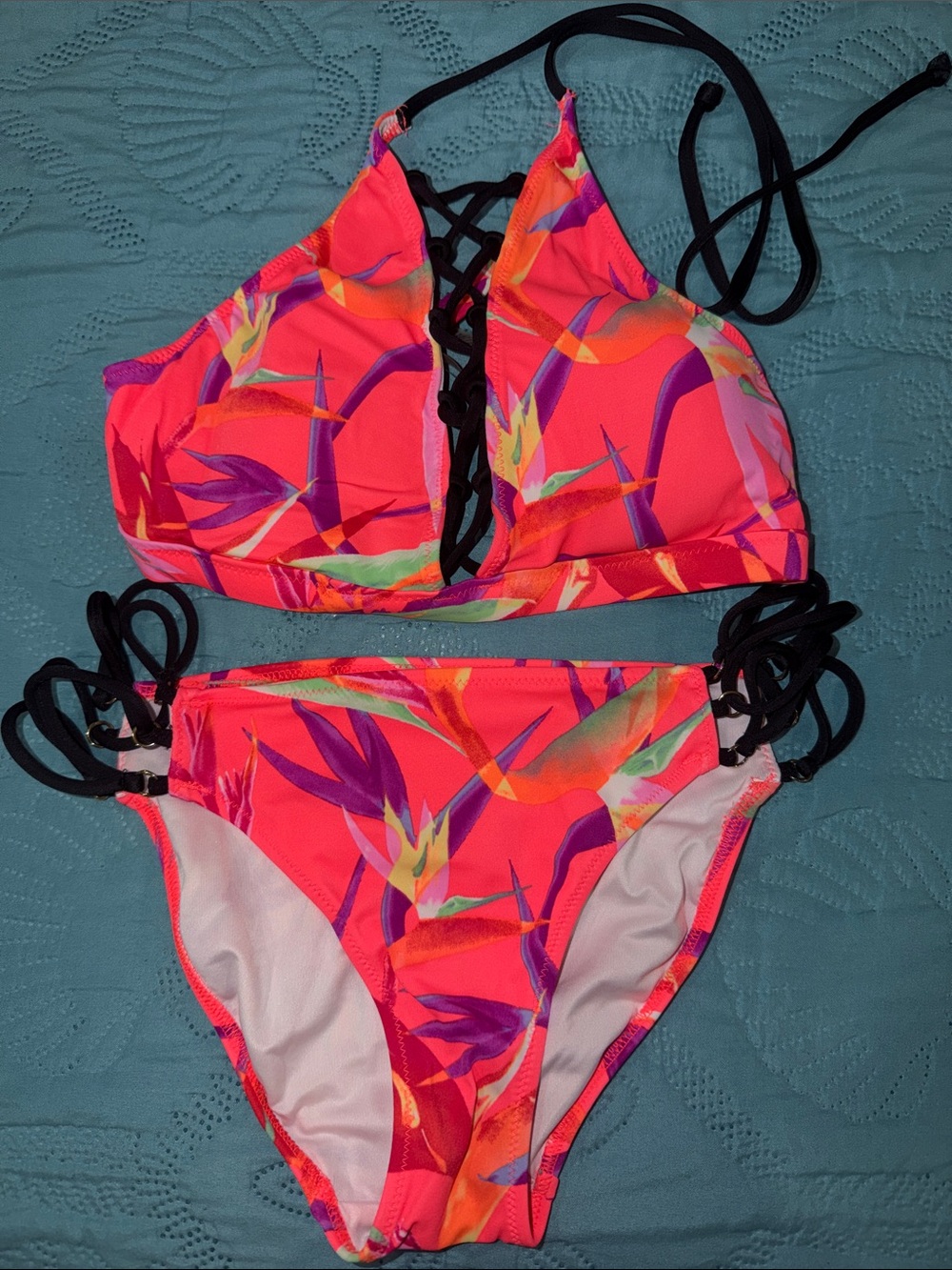 PINK Victoria's Secret Neon Floral Lace-Up Bikini - Pink, Purple, Black